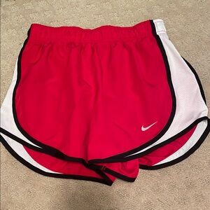 Nike Red and White Athletic Shorts with Curved Panels